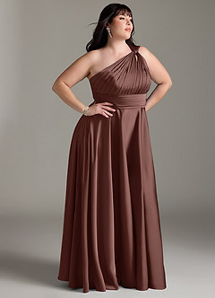 Azazie Charlize Bridesmaid Dresses Espresso A-Line One Shoulder Stretch Satin Dress image12