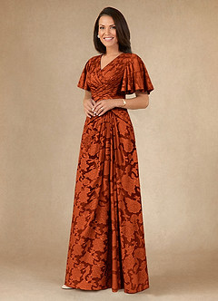 Azazie Emmeline Mother of the Bride Dresses Paprika A-Line Pleated Floral Burnout Dress image3