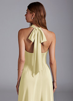 Azazie Myra Bridesmaid Dresses Lemon Sorbet A-Line High Neck Stretch Satin Dress image2