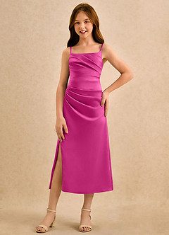 Azazie Canna Girls Formal vestidos de niña de las flores Vestido de Fucsia de Satén Elástico de Corte en A con Plisado image4