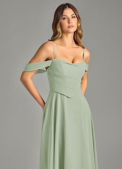 Azazie Chelsey Abiti da Damigella Abito Convertibile A-Line in Chiffon a Spalla Scoperta Verde Salvia image2