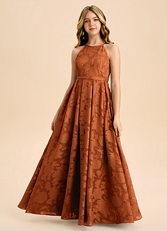 Azazie Arianthe Junior Burnt Orange A-Line Pleated Floral Burnout Dress image2