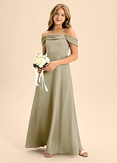 Azazie Anselie Junior Moss Green A-Line Off the Shoulder Stretch Satin Dress image1