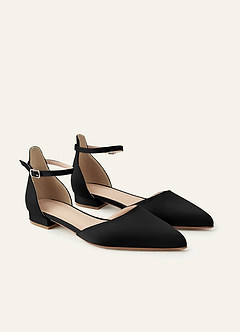 front Matching Color Matte Satin Pointed Toe Ankle Strap Flat Pumps Low Heel Wedding Shoes