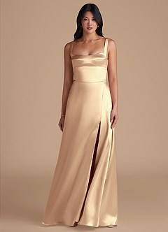 Azazie Hope Bridesmaid Dresses Gold A-Line with Pockets Metallic Satin Dress image2