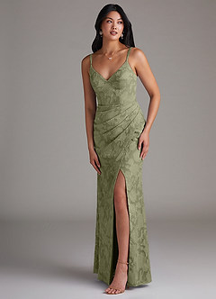 Azazie Leo Bridesmaid Dresses Pistachio Sheath Pleated Floral Burnout Dress image3