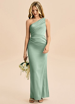 Azazie Akilah Junior Agave Sheath Pleated Stretch Satin Dress image3