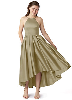 Azazie Jemima Junior A-Linie mit Taschen Stretch-Satin Kleid Moosgrün image1