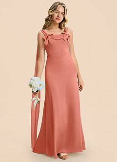Azazie Chelsea Junior Salmon Pink Sheath Pleated Stretch Satin Dress image3