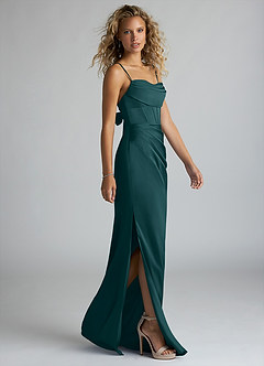 Azazie Mai Bridesmaid Dresses Pine Sheath Pleated Stretch Satin Dress image4