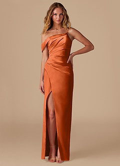Azazie Lia Brautjungfernkleider Etui Schulterfrei Metallischer Satin Kleid Gebranntes Orange image1