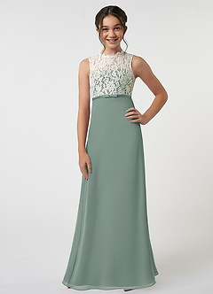 Azazie Rana Junior Silver Sage A-Line Lace Chiffon Dress image1