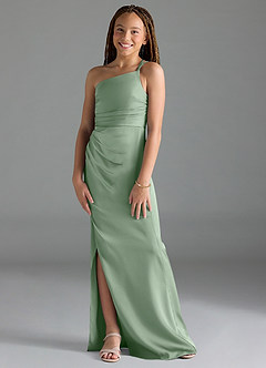 Azazie Eren Junior Matcha Sheath Pleated Stretch Satin Dress image1