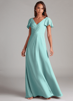 Azazie Soren Vestidos de damas de honor Vestido de Aqua de Gasa de Corte en A con Volante image3