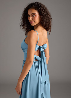 Azazie Zeya Bridesmaid Dresses Steel Blue A-Line Pleated Stretch Satin Dress image5