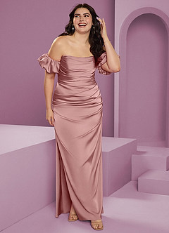 Barbie ♥ Azazie Bridesmaid Dresses Dusty Rose Sheath Off the Shoulder Stretch Satin Convertible Dress image12