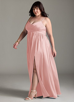 Azazie Alia Bridesmaid Dresses Powder Pink A-Line Pleated Stretch Satin Dress image12