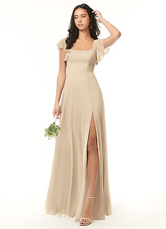 Azazie Bondi Bridesmaid Dresses Champagne A-Line Ruffled Chiffon Dress image2
