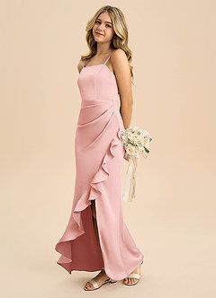 Azazie Buzzy Junior Powder Pink Sheath Pleated Stretch Satin Dress image6