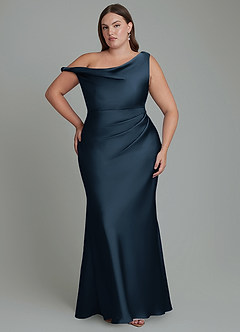 Azazie Emerson Bridesmaid Dresses Dark Navy Mermaid Off the Shoulder Stretch Satin Dress image8