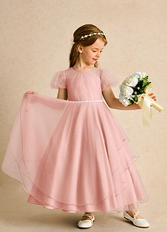 Azazie Duckie Blumenmädchenkleider Ballkleid Plissee Tüll Kleid Rosettenrosa image3