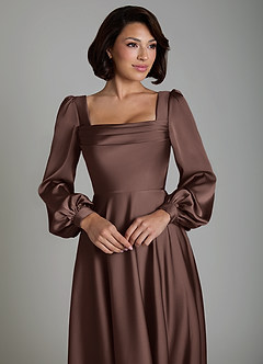 Azazie Solana Bridesmaid Dresses Ganache A-Line Long Sleeve Stretch Satin Dress image3