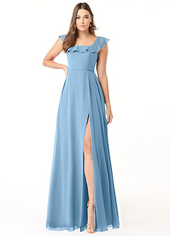 Azazie Jinny Bridesmaid Dresses Steel Blue A-Line Square Neckline Ruched Chiffon Dress image2