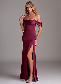 Azazie Saige Bridesmaid Dresses Burgundy Sheath Off the Shoulder Stretch Satin Dress image5