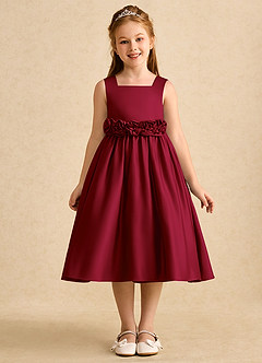 Azazie Peaches Flower Girl Dresses Burgundy A-Line Bow Matte Satin Dress image1