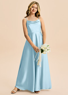 Azazie Isolde Junior Vestido de Azul Cielo de Satén Elástico de Corte en A con Plisado image2