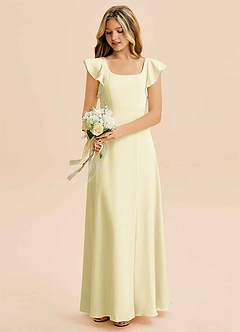 Azazie Bondi Junior Lemon Sorbet A-Line Side Slit Stretch Satin Dress image5