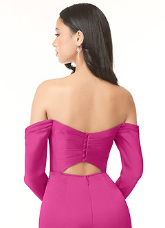 Azazie Hallie Brudtärnklänningar Klänning av Tubklänning i Stretch Satin Off-The-Soulder långärmad Fuchsia Konvertibel image8