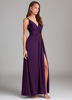 Azazie Maren Allure Bridesmaid Dresses Grape A-Line Lace Stretch Satin Dress image4