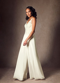 Azazie Florine Wedding Dresses Cream Pant Styles V-Neck Lace Chiffon Dress image2