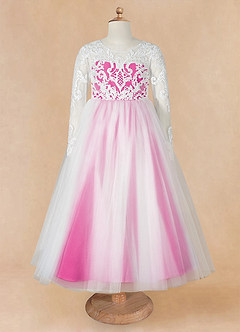 Azazie Elodie Flower Girl Dresses Ivory Fuchsia Ball-Gown Lace Dress image10