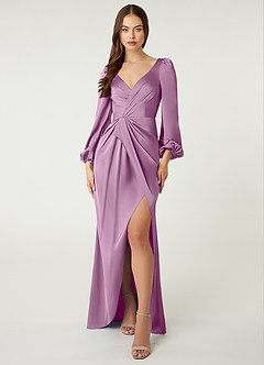 Azazie Mel Bridesmaid Dresses Wisteria Sheath Long Sleeve Stretch Satin Dress image1