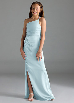 Azazie Eren Junior Cloud Blue Sheath Pleated Stretch Satin Dress image1