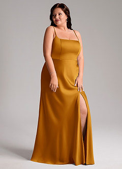 Azazie Lidia Bridesmaid Dresses Butterscotch Mermaid Side Slit Stretch Satin Dress image5