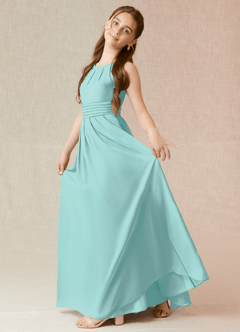 Azazie Bibiane Junior Aqua A-Line Pleated Chiffon Dress image3