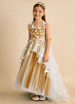Azazie Darlina Flower Girl Dresses Ivory Butterscotch Ball-Gown Lace Tulle Dress image6