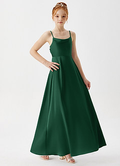Azazie Shale Junior Robe Trapèze en Satin extensible Vert Foncé image4