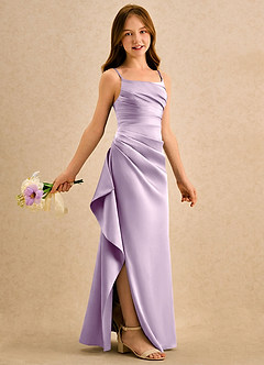 Azazie Cannoli Girls Formal Abiti da Ragazza di Fiori Abito A-Line in Raso Elasticizzato Plissettato Lilla Glassato image1