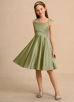 Azazie Budle Blumenmädchenkleider A-Linie Plissee Matte Satin Kleid Moosgrün image3