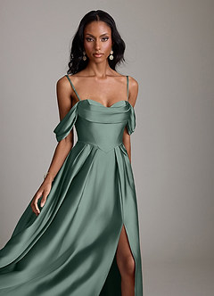 Azazie Loisa Abiti da Damigella Abito A-Line in Raso Elasticizzato a Spalla Scoperta Muschio Marino image3