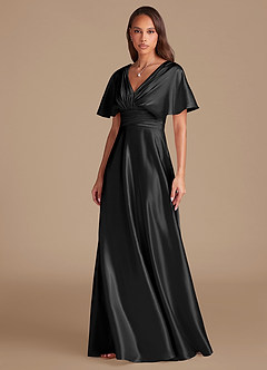 Azazie Pamela Vestidos de damas de honor Vestido de Negro de Satén Metálico de Corte en A con Plisado image6