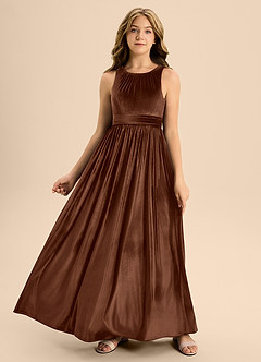 Azazie Jaylah Junior A-Linie Plissee Samt Kleid Umber image3
