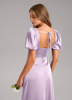 Azazie Fyona Bridesmaid Dresses Frosted Lilac A-Line Pleated Stretch Satin Dress image7