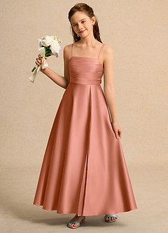 Azazie Pebbles Junior Formal Blumenmädchenkleider A-Linie Plissee Matte Satin Kleid Mai Tai image1