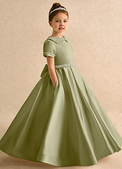 Azazie Gabriella Flower Girl Dresses Moss Green Ball-Gown with Sleeves Matte Satin Dress image3