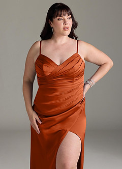 Azazie Yola Bridesmaid Dresses Burnt Orange Sheath V-Neck Pleated Stretch Satin Convertible Dress image14